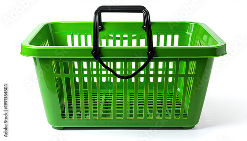 Green Plastic Shopping Basket Isolated on White Background, Ready for Shopping