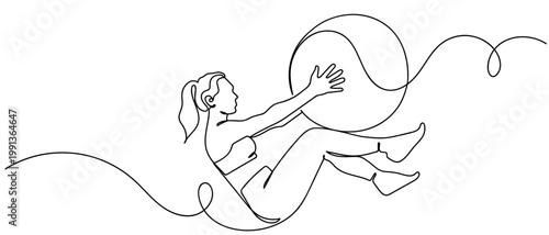 A woman doing yoga with a yoga ball. in continuous one line drawing. Minimalistic Doodle vector illustration Editable stroke.
