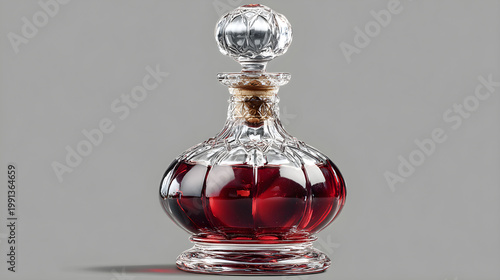 An elegant red wine bottle and glass stand alongside a luxury crystal perfume container, showcasing a fusion of fashion, fragrance, and liquid beauty isolated as a decorative object