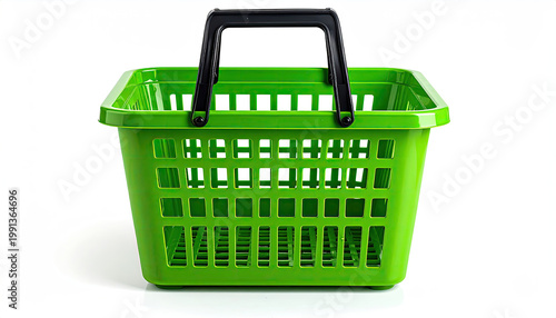 Vibrant Green Plastic Shopping Basket on White Background
