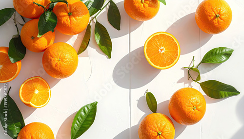 Fresh oranges with green leaves on a bright white background