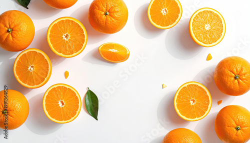 Fresh Juicy Oranges and Slices on White Background, Top View