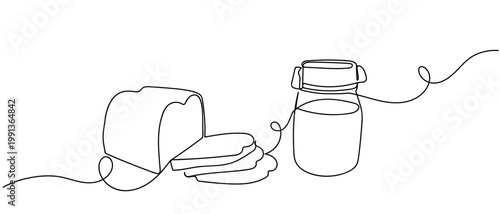 Bread and cow's milk for breakfast. in continuous one line drawing. Minimalistic Doodle vector illustration Editable stroke.