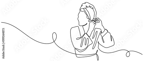 The woman puts a towel over her hair after showering. in continuous one line drawing. Minimalistic Doodle vector illustration Editable stroke.