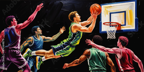 Dynamic Basketball Game Illustration with Player Driving for Layup Near Hoop in Dramatic Arena Action Scene