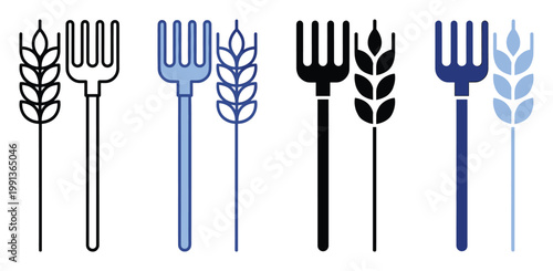 Agricultural icons set featuring pitchfork and wheat symbols for farming and food industry applications