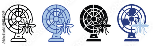 Electric fan and flying insect graphic representing mosquito control and air circulation tools