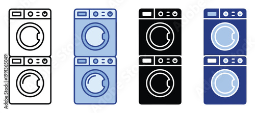 Modern stacked washing machine and dryer appliance icons perfect for household laundry chores applications