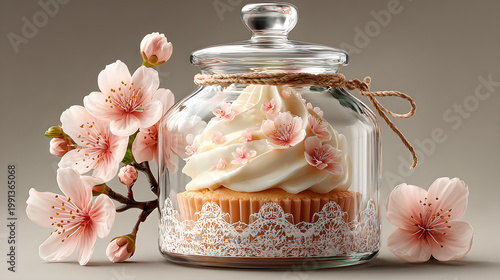 A delicious pink and white sugar bowl sits on a decorated celebration table alongside sweet dessert cupcakes, rose flowers, and cream icing for a romantic wedding or birthday party gift