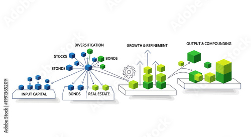 Business investment growth concept, financial strategy illustration, stock market returns, compound interest diagram
