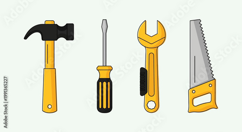 Set of isolated construction hand tools including hammer screwdriver wrench and hand saw.