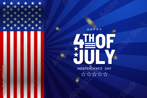 USA independence day poster design with stars and stripes and blue ray background