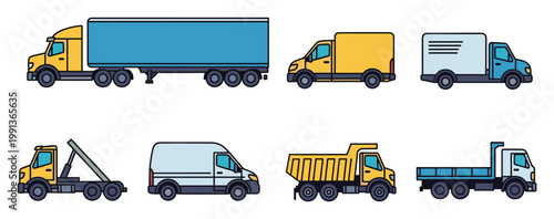 Modern fleet of diverse freight transportation vehicles and heavy duty utility trucks suitable for logistics, delivery, and industrial service industries