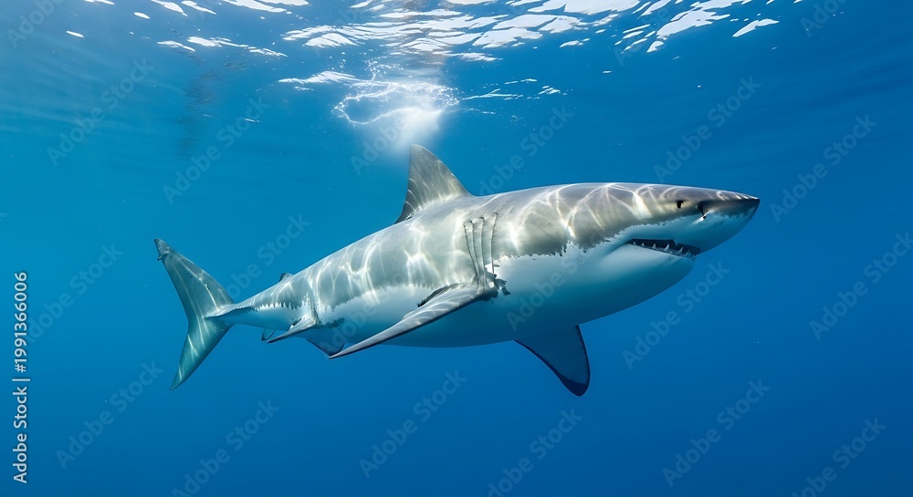 Obraz premium Great white shark swimming gracefully in clear ocean waters