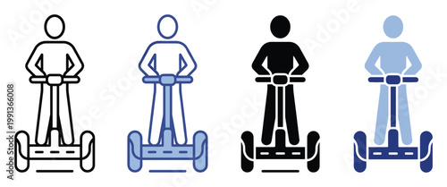 Modern electric selfbalancing scooter rider icon for urban transportation, personal mobility, and technology application graphics