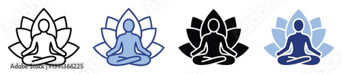 Meditating yoga lotus pose icons representing mindfulness, spiritual wellbeing, and serenity for health applications.