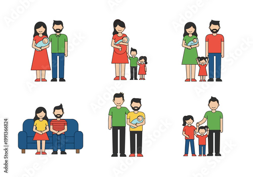 Diverse Family Icon Set: Modern Representations of Families Including LGBT, Single Parents, and Nuclear Families in Flat Vector Line Art