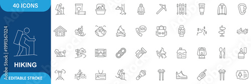 Hiking Icon Set. Containing Adventure, Outdoor, Mountain, Nature, Camping, Trekking, Travel, Backpack, Trail, Exploration and More. Editable Stroke. Vector Illustration