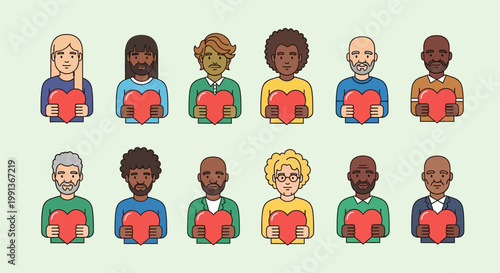 Diverse Group of People Holding Red Hearts.
