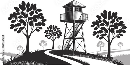 A tall tower on a hill surrounded by trees, vector illustration of a scenic landscape with nature and elevated lookout tower, clean flat and minimal design suitable for travel, outdoor, and nature