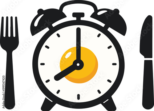 Breakfast Time Symbol with Egg and Cutlery Minimal Illustration - breakfast, breakfast time, alarm clock, food clock, egg, fried egg, sunny side up, morning, morning routine, 