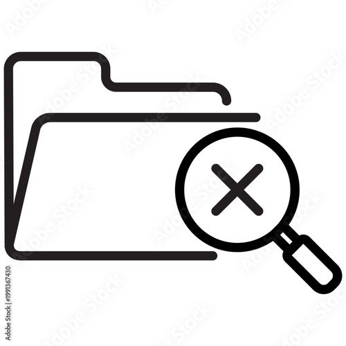 Outline icon of a folder and a magnifying glass with a cross showing no results found