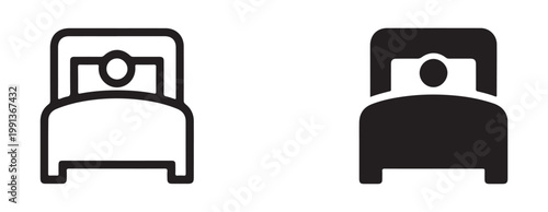 Single bed icon with pillow and headboard showing person sleeping in simple flat silhouette and outline style art.