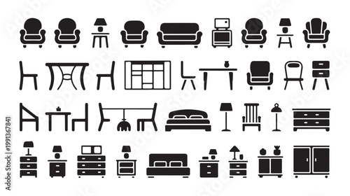 Furniture solid black icons set with beds, sofas, chairs, tables, and lamps on white background vector illustration.