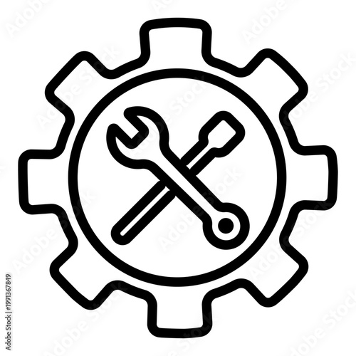 Line icon featuring a gear with crossed wrench and screwdriver representing technical support and infrastructure upkeep