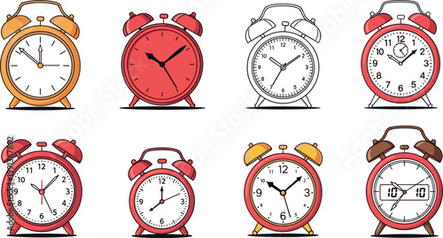 Set of retro alarm clocks in various styles and colors, vintage timepieces collection isolated on white background vector illustration