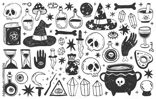 Magic doodles set. Hand drawn simple illustration of witch elements, witch hat, cauldron, skulls, book, crystals, hourglass, potions. Halloween elements collection.