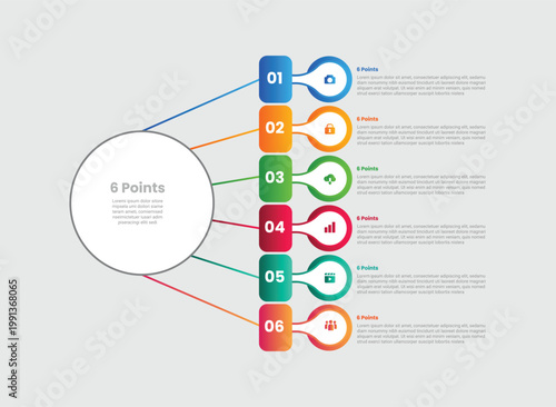 6 points infographic with gradient style with main big circle left with line point connection with vertical stacked list with 6 elements stages