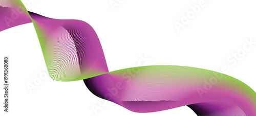 A vibrant purple and green ribbon curls across a clean white background