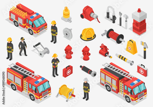 Isometric Firefighting Equipment and Firefighter Set with Fire Trucks, Hydrants, and Tools for Emergency Service Infographics