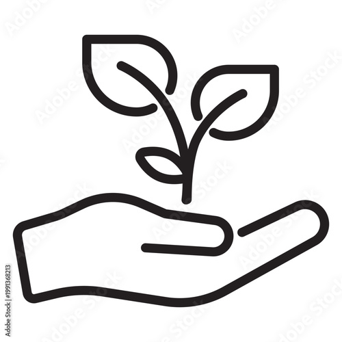 Minimalist line icon of a human hand holding a small growing plant with leaves representing growth and sustainability