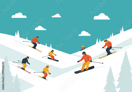 Flat Vector Illustration of People Skiing and Snowboarding on a Snowy Mountain Slope in Winter