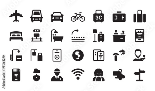 Travel and accommodation icon collection featuring transportation lodging services and communication symbols for apps.
