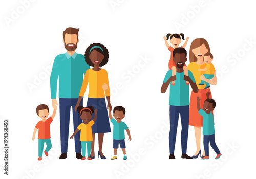 Happy Multicultural Families Set: Diverse Parents and Children Vector Illustration. Inclusion, Mixed-Race Couples, and Happy Childhood Concept Isolated on White Background.