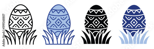 Stylish Easter eggs with geometric patterns nestled in grass for holiday celebrations and spring themed events