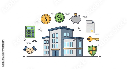 Business Building with Financial Icons.