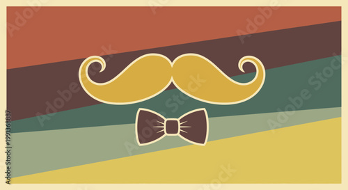 Stylized retro illustration of a yellow mustache and brown bow tie.