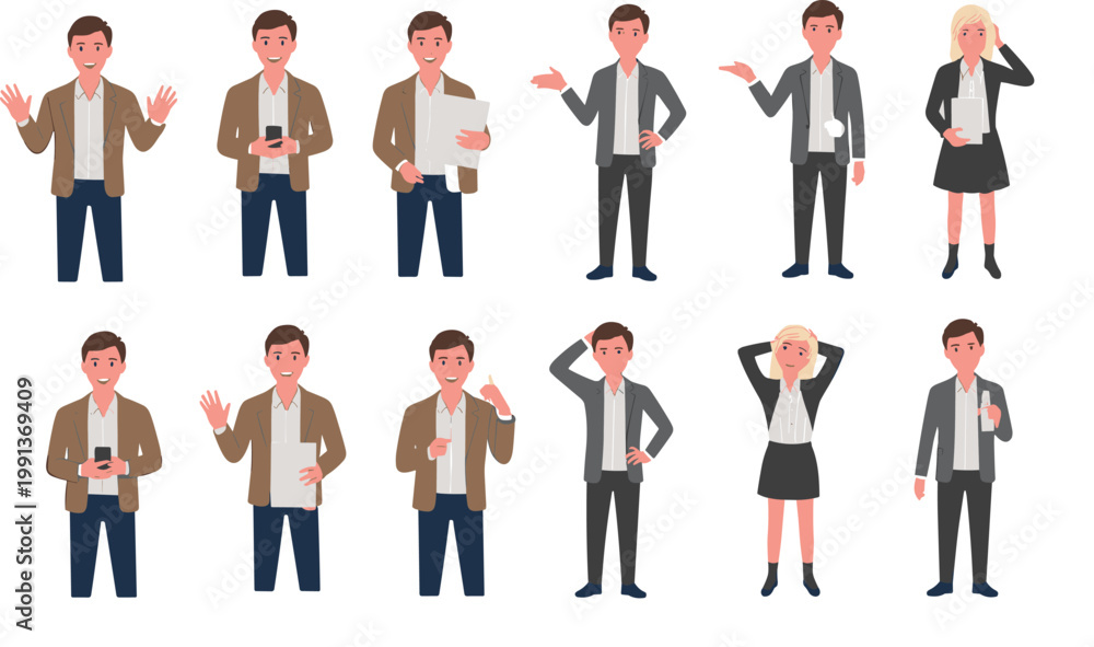 Fototapeta premium Diverse group of professional business people characters in modern office attire showing communication gestures, teamwork collaboration, leadership expressions, and workplace interaction for corporate