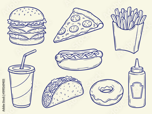Fast Food Collection Hand Drawn Style.