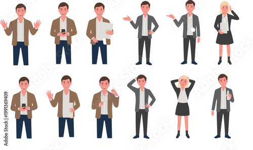 Diverse group of professional business people characters in modern office attire showing communication gestures, teamwork collaboration, leadership expressions, and workplace interaction for corporate