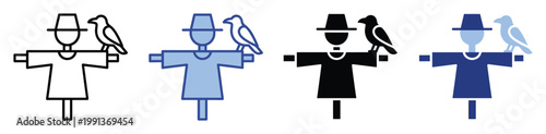 Scarecrow with perched crow icon set perfect for agriculture, farming, and Halloweenthemed projects