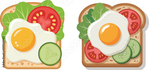 Healthy Breakfast Toast with Egg and Vegetables Vector Illustration.eps