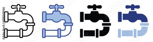 Water tap and pipe icon set representing plumbing, fluid supply, and utility services for digital applications