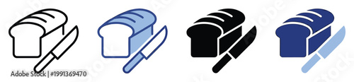 Loaf of bread and knife icons for food preparation bakery concepts and digital cooking tool interfaces