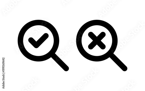 Magnifying Glass With Check Mark and X Mark Search Icons