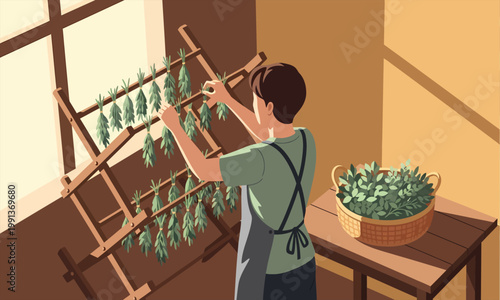 Man Drying Fresh Herbs Indoors Near Window